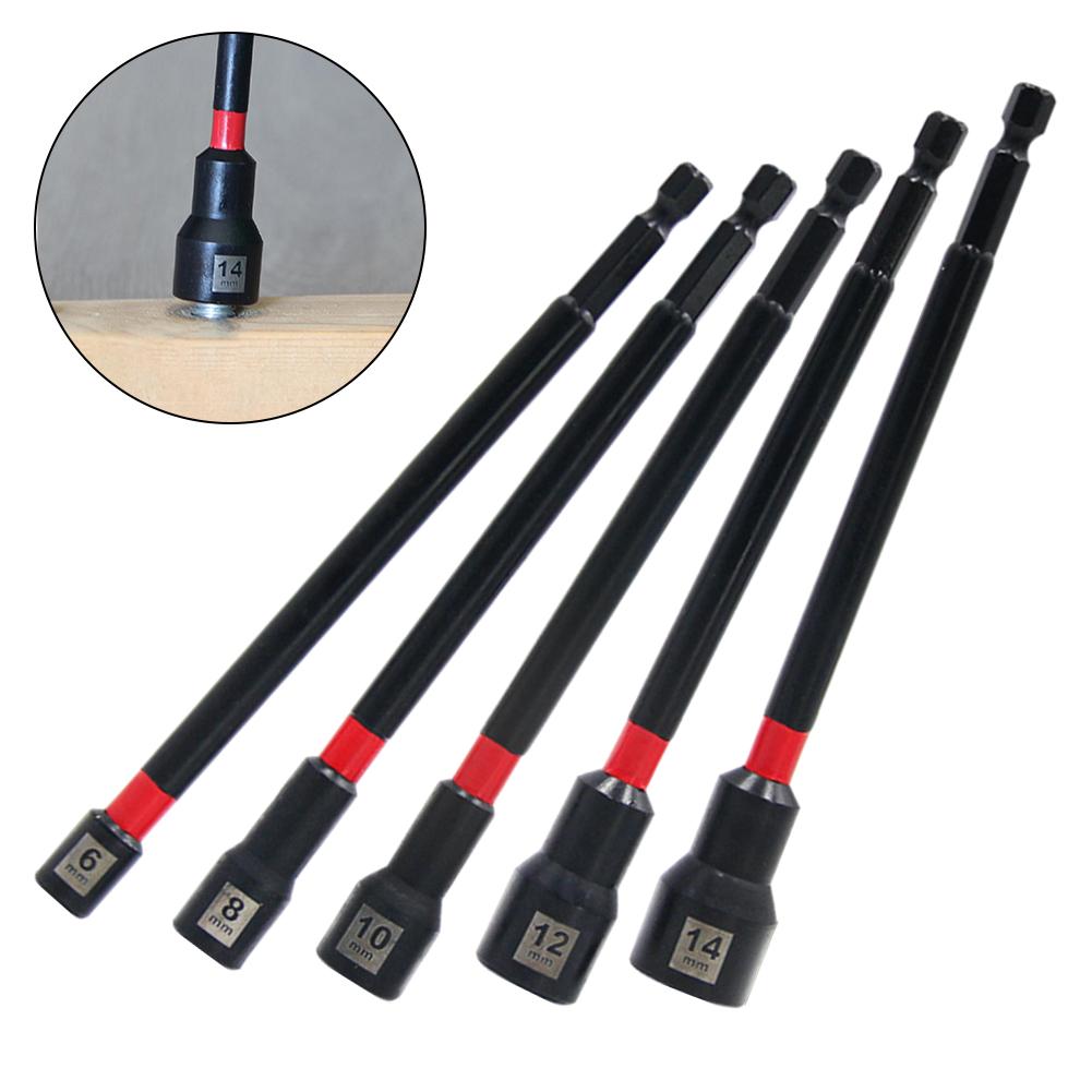 5PCS 6 Inch Magnetic Long Nut Driver For Impact Drill Hex Socket Adapter 8-14mm Magnetic Nut Driver Alloy Steel Electrophoresis