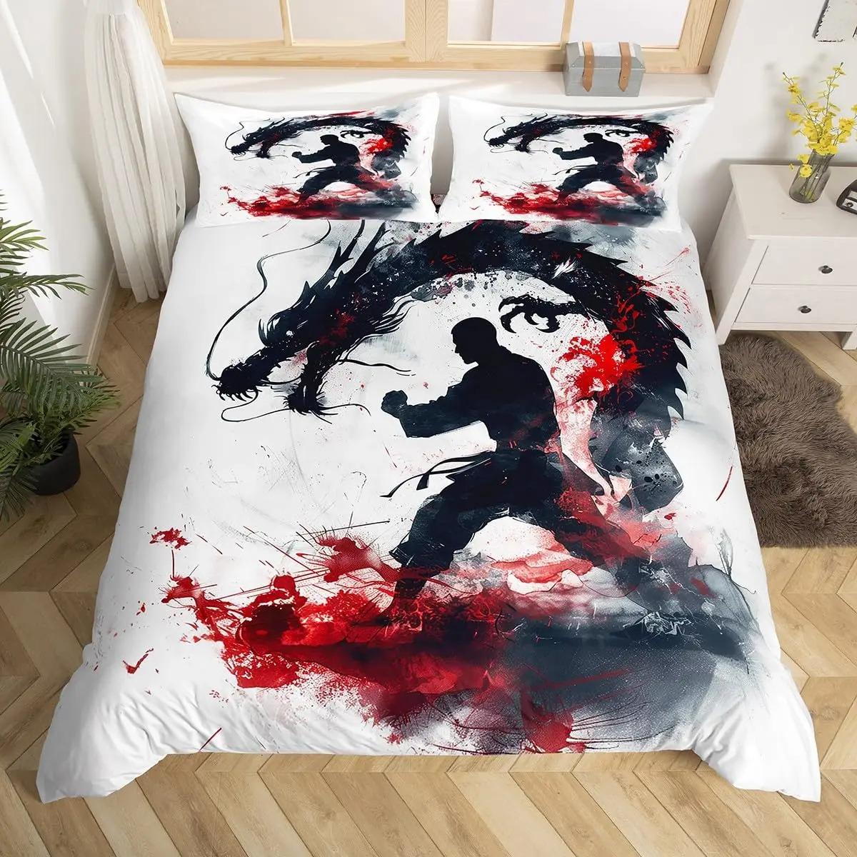 Taekwondo Dekbedovertrek Set King Queen Size, Chinese Martial Art Kung Fu Bedding Set, sport Thema Dekbedovertrek met 2 Kussenslopen 70x133cm 2pcs