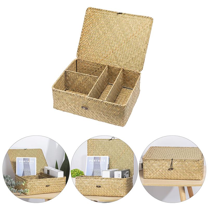 4-grid Woven Seagrass Desktop Organizer Box with Lid Divided Makeup Cosmetics Storage Basket for Home Office Wardrobe Shelf