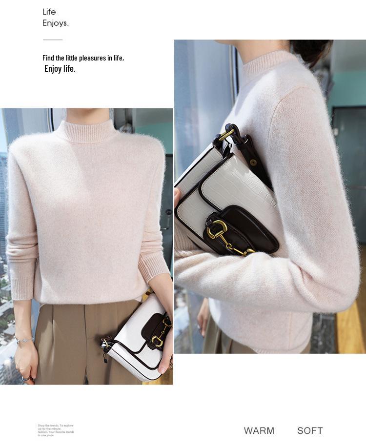 Chic Half-High Collar Wool Long-Sleeve Women's Sweater - Slim Fit Base Layer for Spring and Autumn