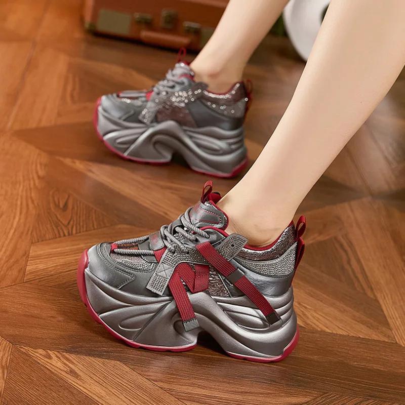 Fashion 9CM High Platforms Women's Vulcanize Shoes New Spring Popular Street Tide Female Dad Shoes Thick Bottom Leather Chunky Sneakers