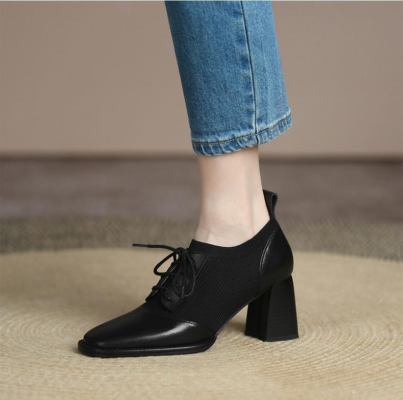 

Модные женские туфли-лодочки Роскошная кожа Высокие каблуки Новая британская мода Квадратный носок Блочный каблук Одинарные туфли Массивные эластичные кожаные туфли 35 чёрный