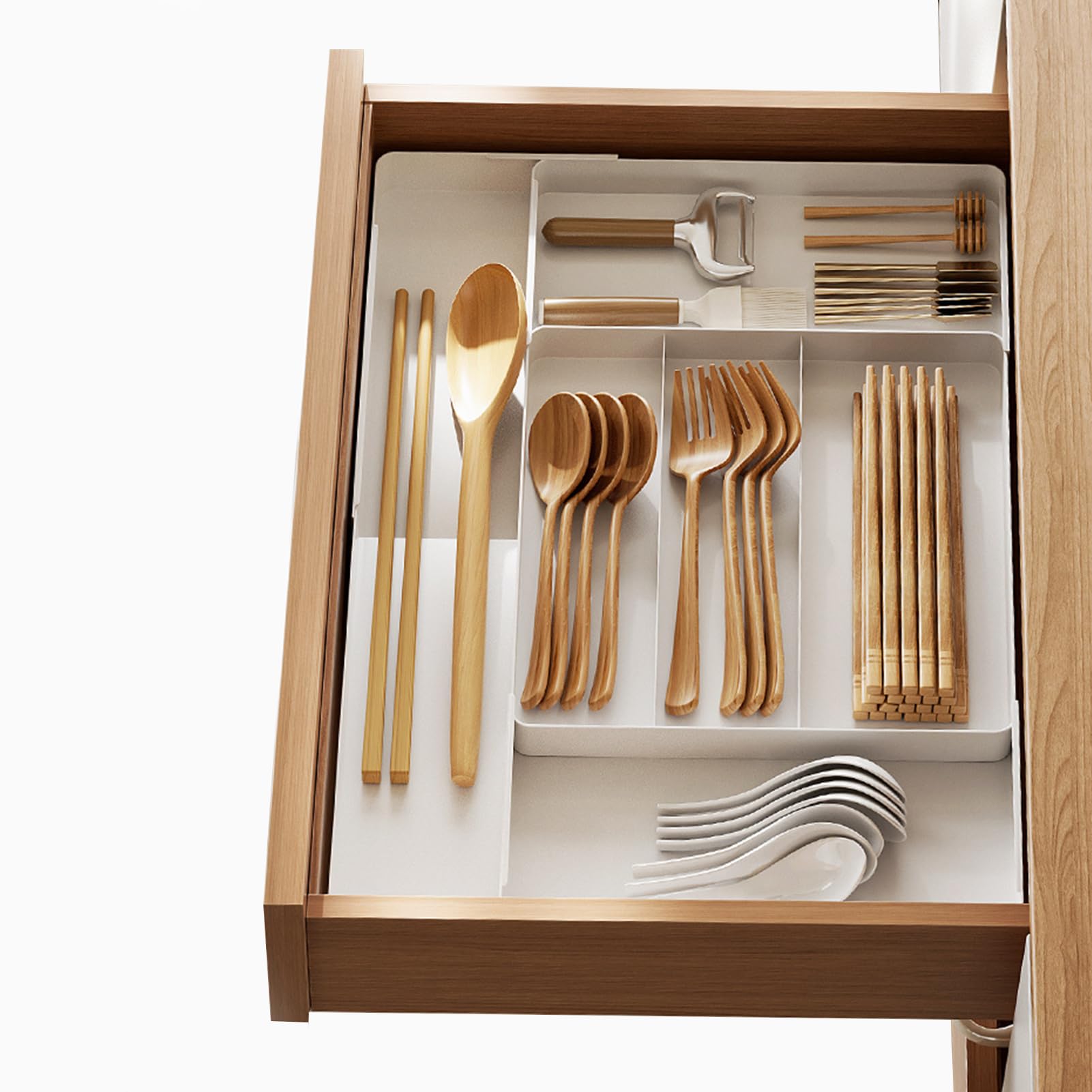 

Регулируемый органайзер для столовых приборов в кухонный ящик с белым выдвижным кейсом, разделителями, 27-52 см, съемный, (3-сторонний Ш27-52 Г27-39 В5) белый