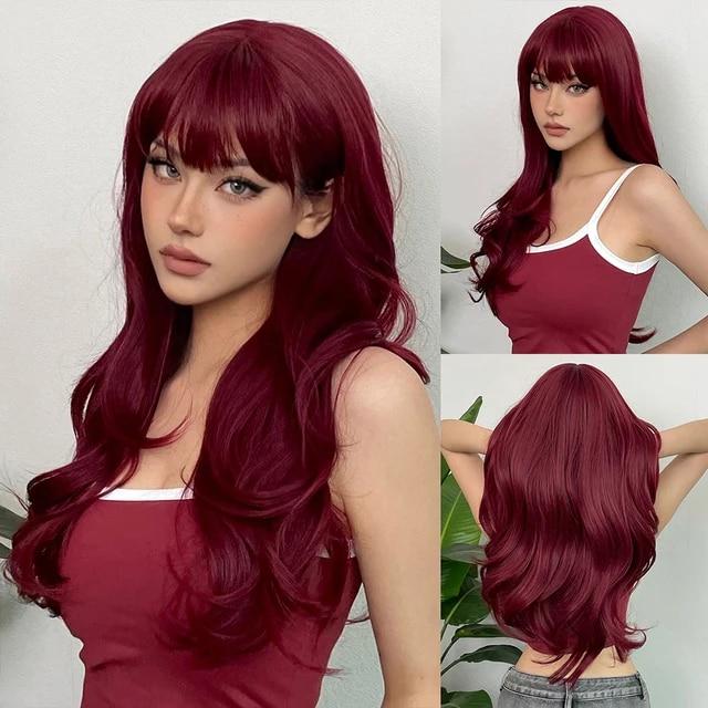Wine Red Long Wavy Synthetic Wig High Temperature Natural Wig with Bangs Colorful Party Cosplay Hair for Black Women