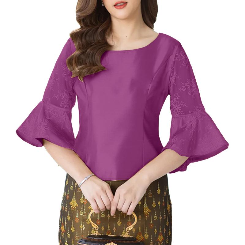 

ZANZEA Женская повседневная блузка с круглым вырезом, сетчатой вставкой и рукавами 3/4 на лето 5XL фиолетовый