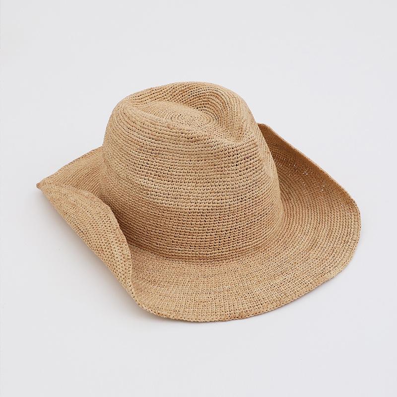 

New Hand-woven Crochet Natural Raffia Sun Hat Summer Simple Western Cowboy Hats with Curled Brim Beach Sun Protection Straw Hats 55-58cm