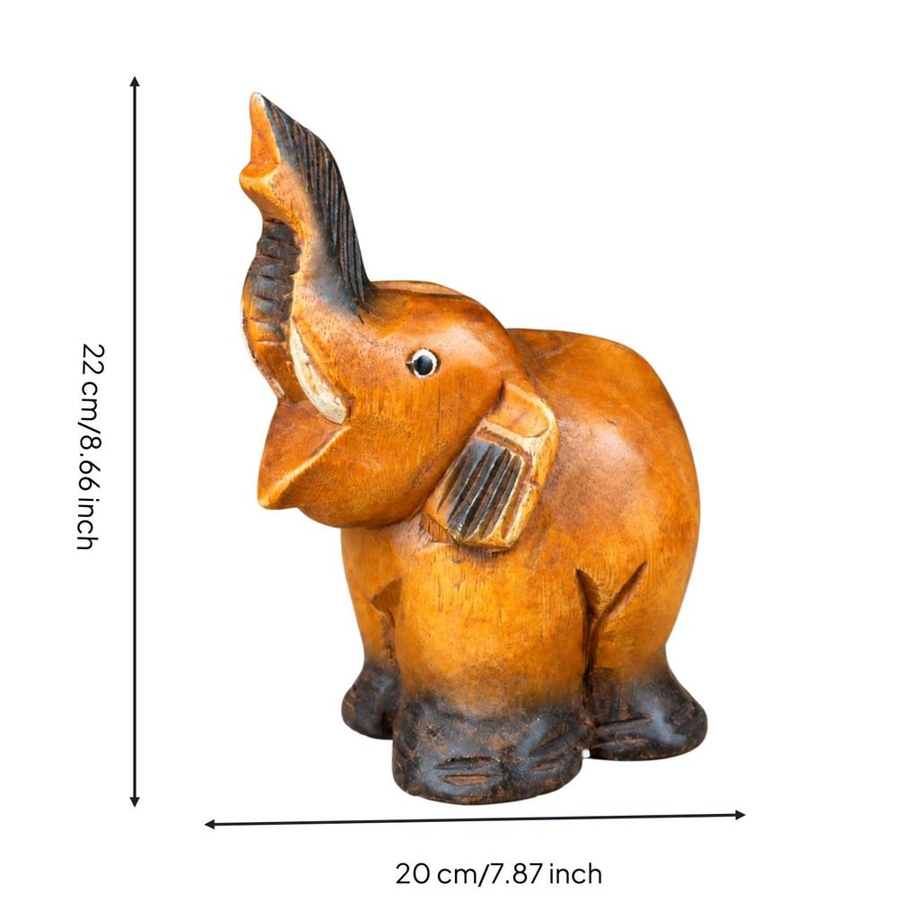 Hand-Carved Teak Wood Elephant Figurine Warm-Toned Wooden