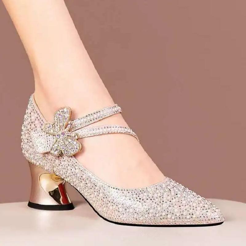 Damen-Schuhe Damenmode Rosa Gold Hochwertig Frühling Schmetterling Kristall Quadratischer Absatz Schuhe für Sexy ab702