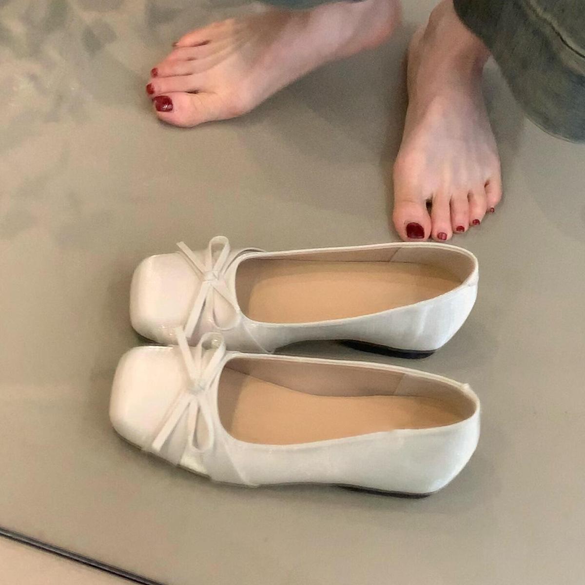 

Балетки с квадратным носком на одной педали, женские туфли-лодочки с бантом, с открытым верхом, на плоской подошве, универсальные женские туфли 35