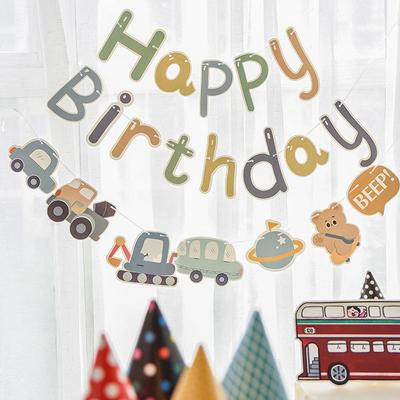 Children's Cartoon Birthday Banner: Car-Themed Wall Decoration for Baby's First Birthday