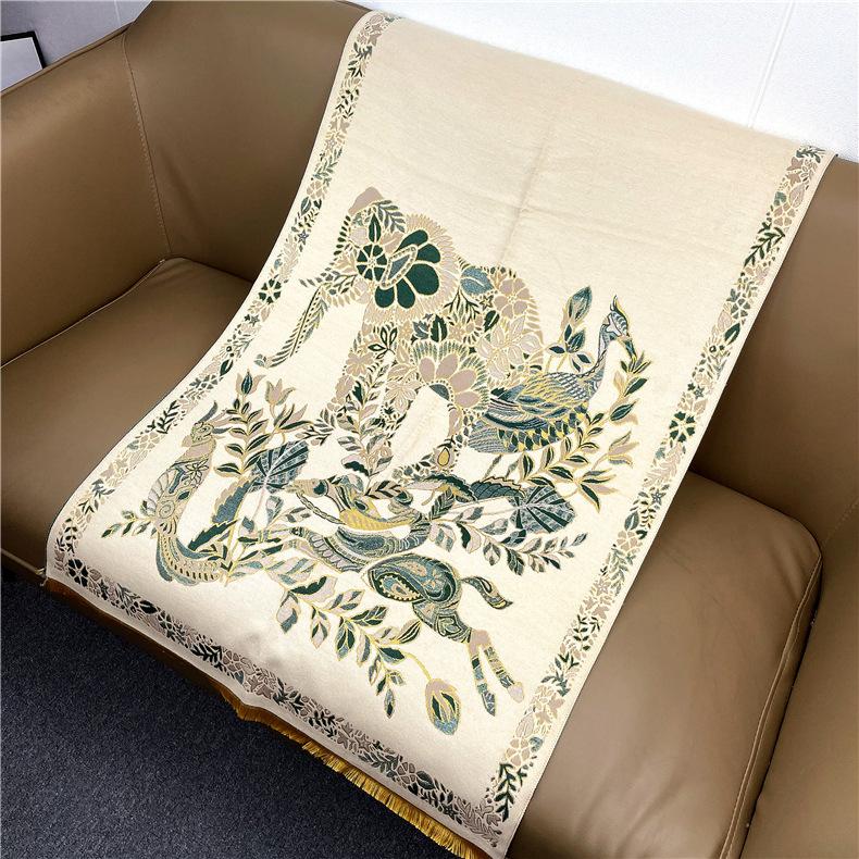 

2024 Осень/Зима Новый утолщенный теплый двухсторонний двухцветный шарф из искусственного кашемира с кисточками, высококачественный воротник-шаль 180x65cm бежевый/зелёный