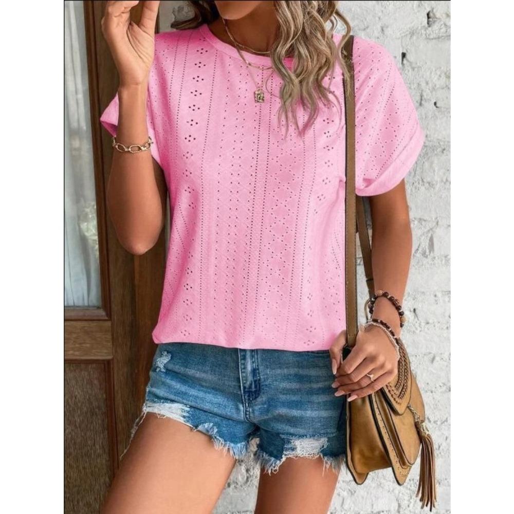Top Eyelets Summer Spring Curved Hem, Casual Women's Short Sleeved Fashionable T-shirt Beach Vacation Short Style