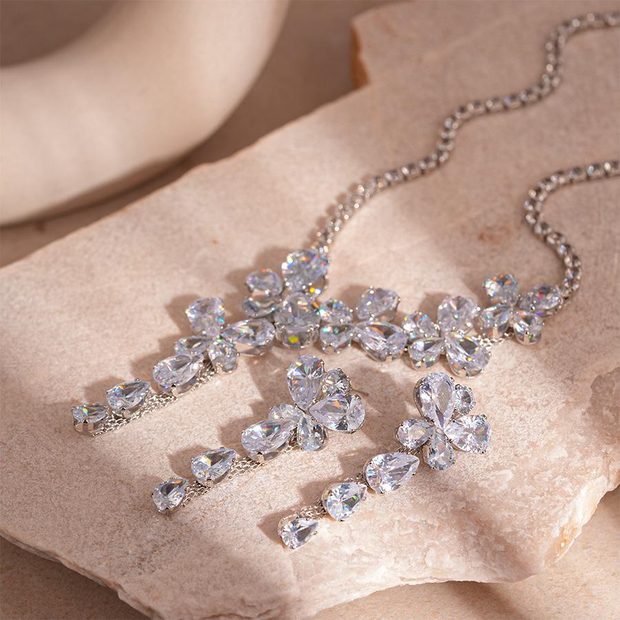 Elegant Zircon Butterfly Flower Silver Drop Earrings - High-End European and American Style for Women