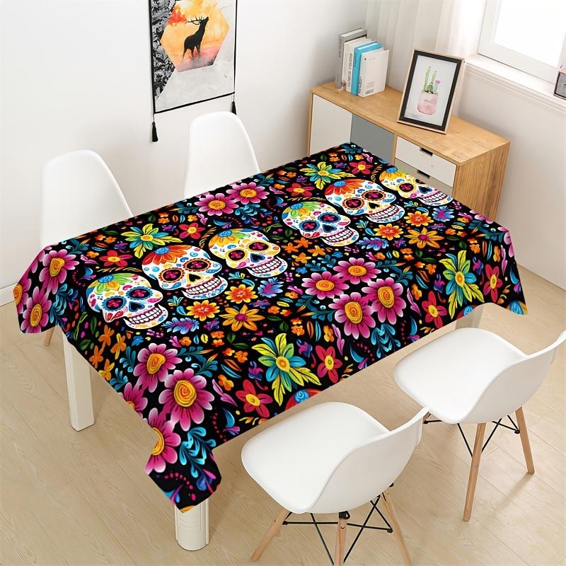 Mexican Day of The Dead Skull Flower Waterproof Tablecloth Table Decor Reusable Kitchen Dining Tablecloth Holiday Party Decor