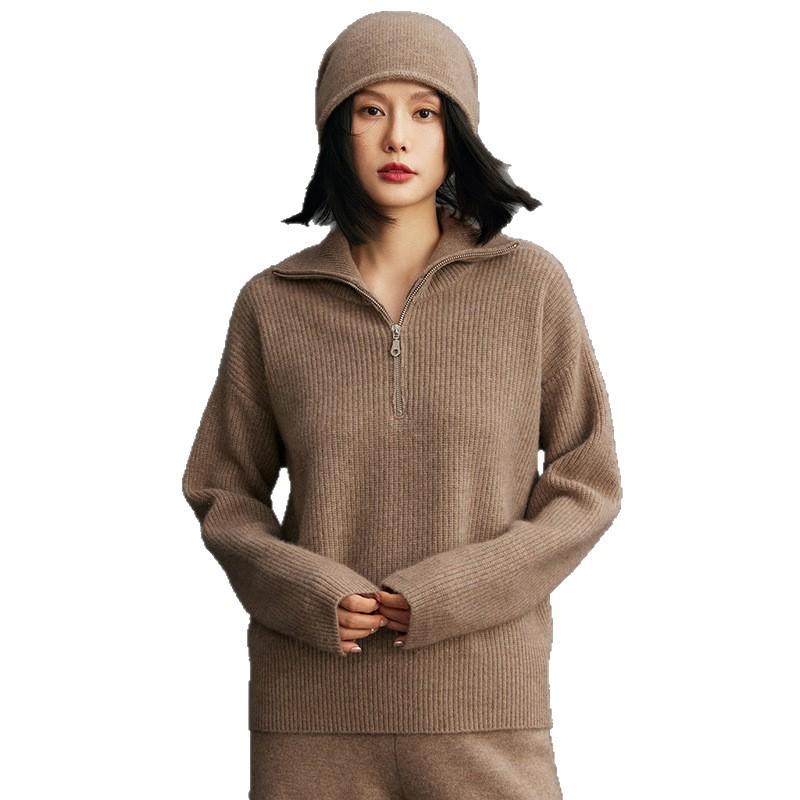 Women's Cashmere Zipper Sweater - Half-High Collar, Autumn/Winter Loose Knit, Casual Thick Outerwear