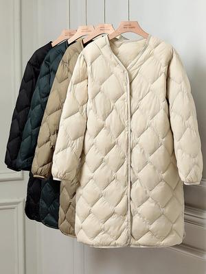Damen V-Ausschnitt Mittellange Daunenjacke - Leicht, Dünn, Kragenlos, Koreanischer Stil, Herbst/Winter-Kollektion