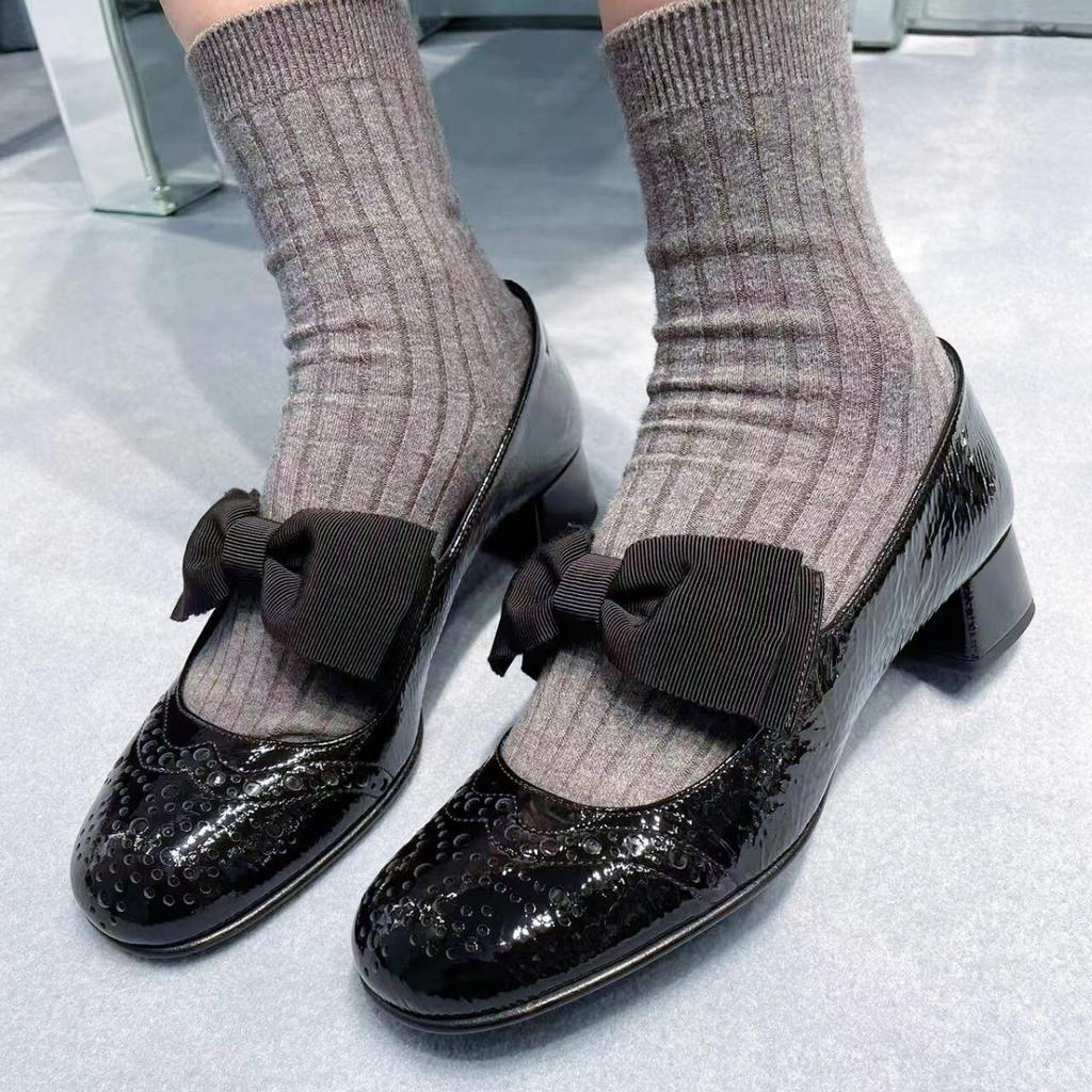 Genuine Leather Bow Mary Jane Single Shoes For Women's Spring Autumn New Styles Thick Heel Carved High Heels Shoes Women