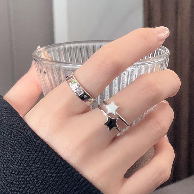 Simple Light Luxury Star Enamel Open Ring Black And White Color Scheme Niche Design Personalized Fashion Exquisite Ring