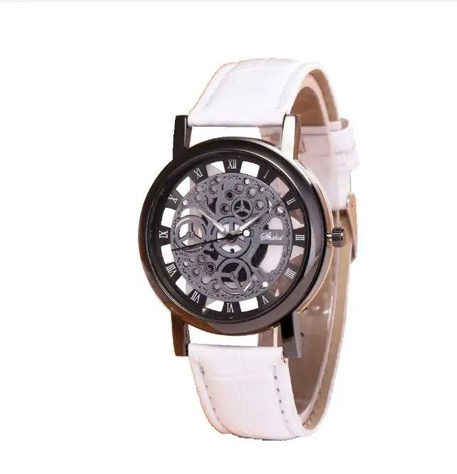 Módní Business Skeleton Hodinky Pánské Gravírování Duté Reloj Hombre Společenské Křemenné Náramkové Hodinky Kožený Řemínek Dámské Hodinky
