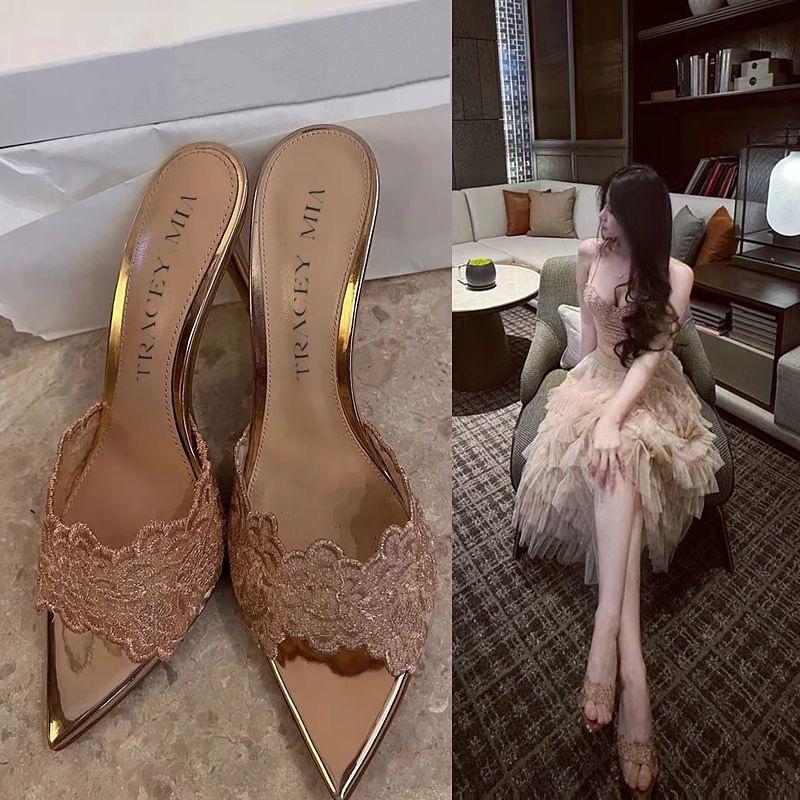 Beautiful design high heels female Internet celebrity explosion thin lace high heel sandals thin heel pointed embroidered cool slippers