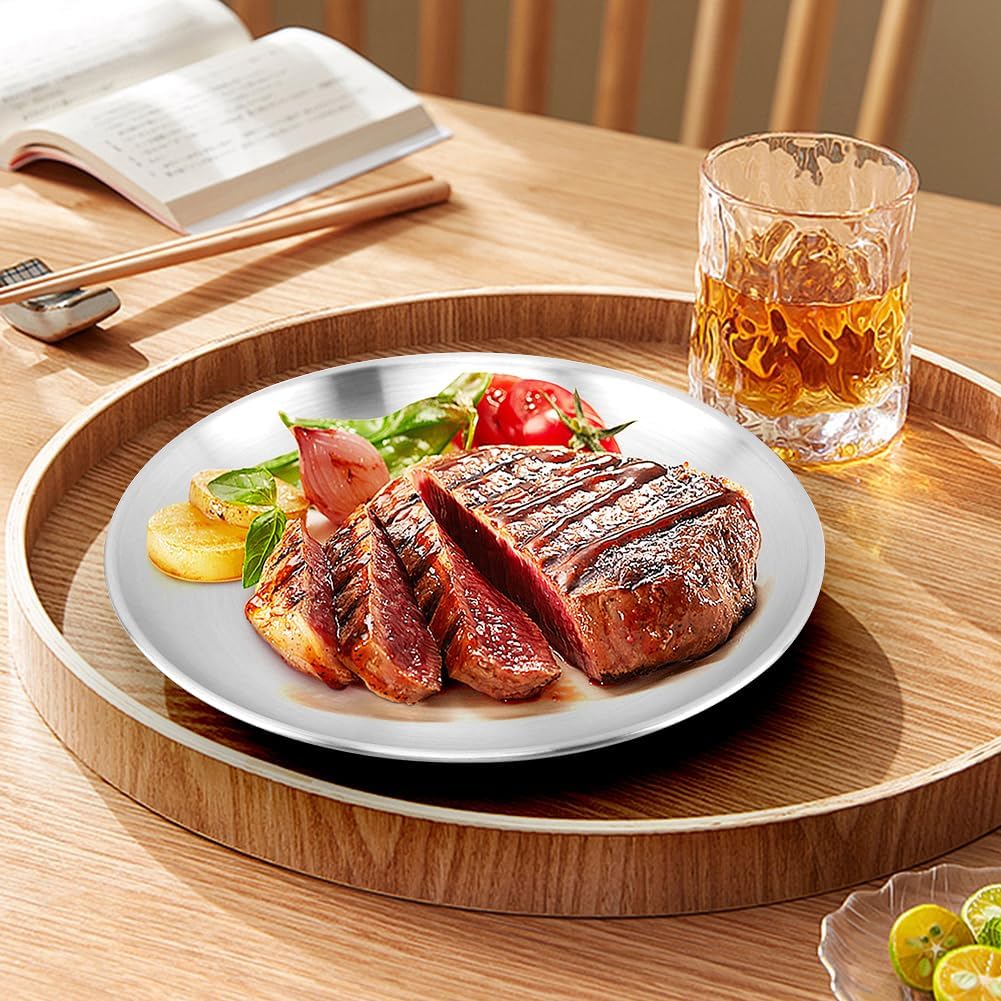 8 Pack Stainless Steel Plates, 8 Inches Metal Dinner Plate with Forks, Round Serving Camping Plates for Serving Dishes Dessert Salad, Unbreakable &