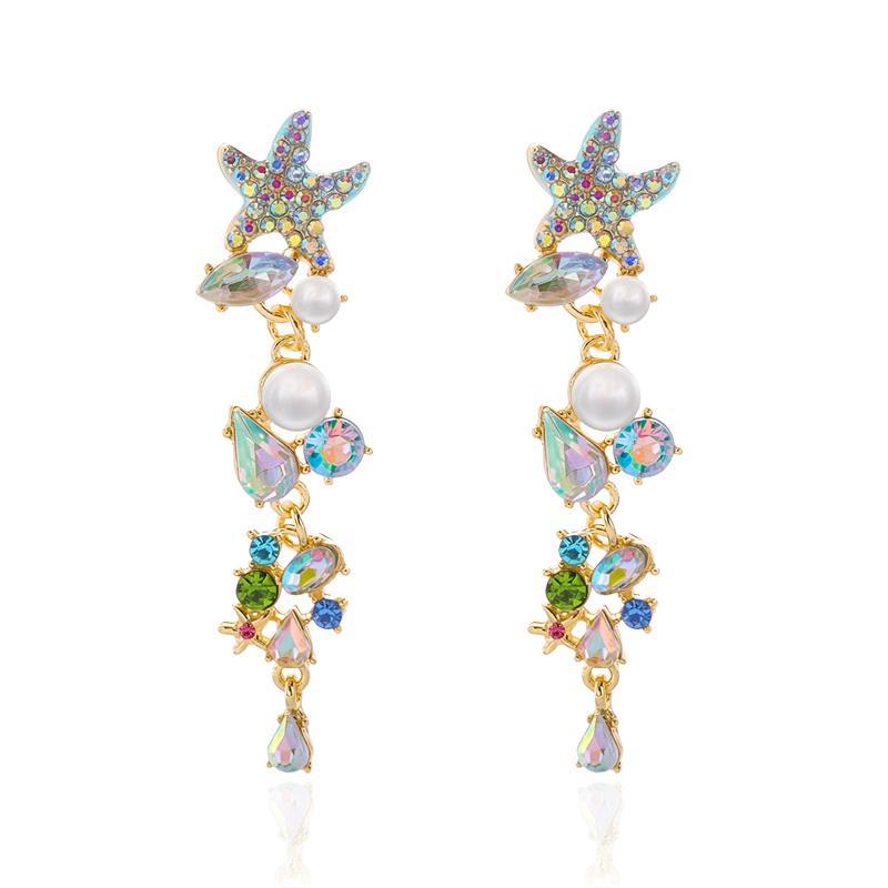 

Bohemian Starfish Drop Earrings For Women Colorful Rhinestone Pearl Long Dangle Earring Summer Beach Party Wedding Jewelry Gift