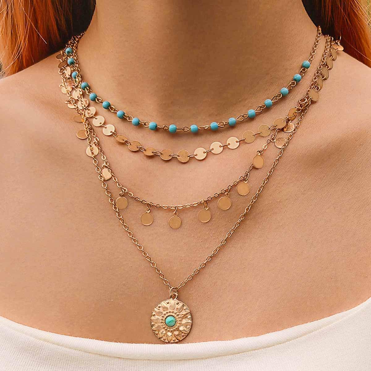 Versatile Turquoise Beaded Multi-layer Bohemian Necklace with Geometric Disc and Tassel