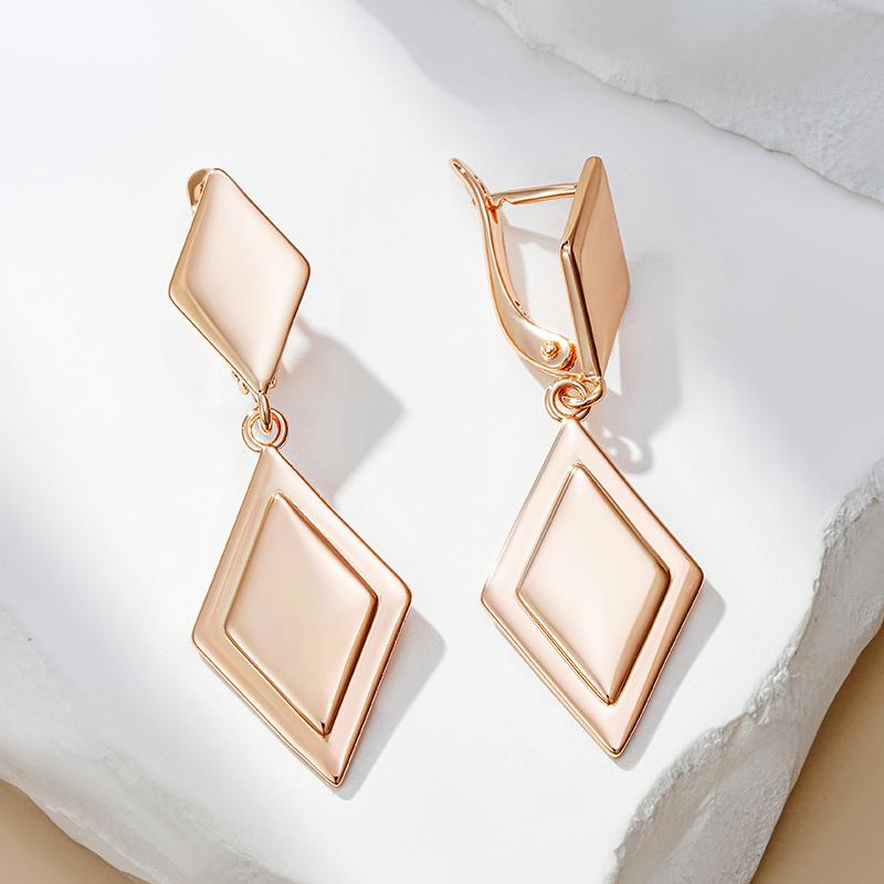 Fashion Glossy Two Rhombus Long Drop Earrings For Women  Rose Gold Simple Metal Bride Wedding Daily Party Jewelry