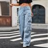Women's Casual Fashion Solid Color Elastic Waist Pockets Wide Leg Straight Jeans Pants