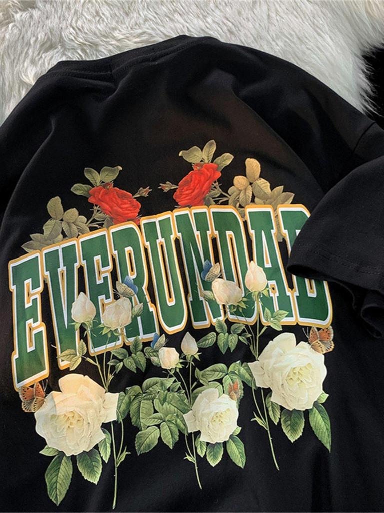 Unisex Oversized Retro Rose Print Pure Cotton Half Sleeve T-Shirt