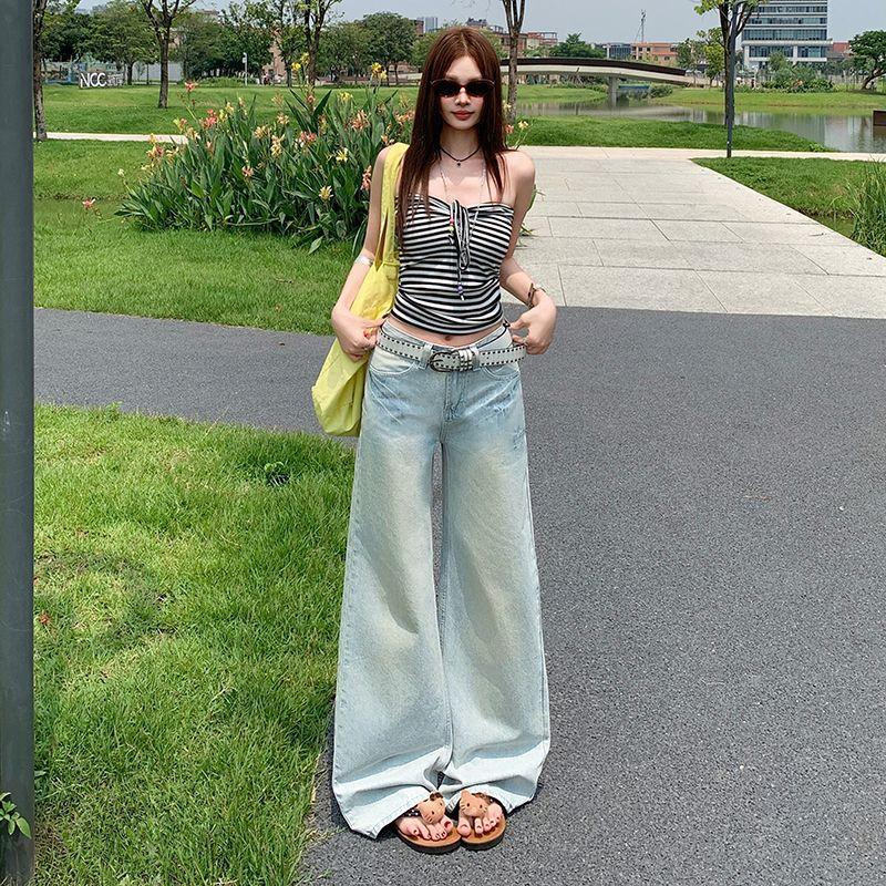 Light-colored low-rise jeans for women's summer and autumn new retro high-end washing water slightly pulled casual long pants