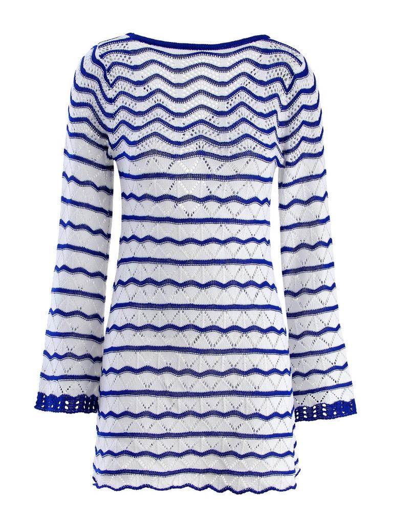 Sexy Boho Striped Chic V-neck Cut Out Bell Sleeve Knit Dress 2025 Summer Women Seaside Holiday Mini A-Line Dress K123