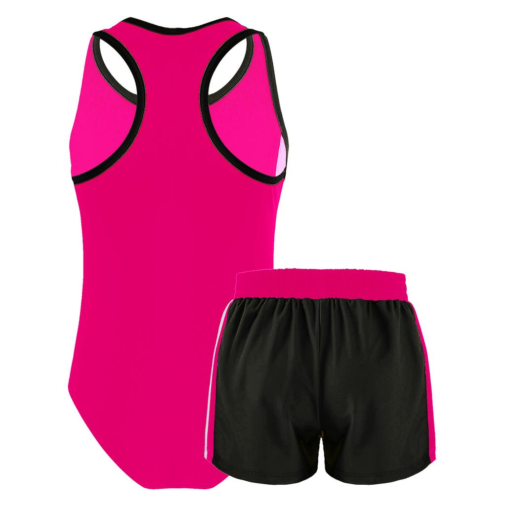 Girls One Piece Swimsuit Set Sleeveless Racer Back Design Matching Boyshorts Beach Swimwear Outfit