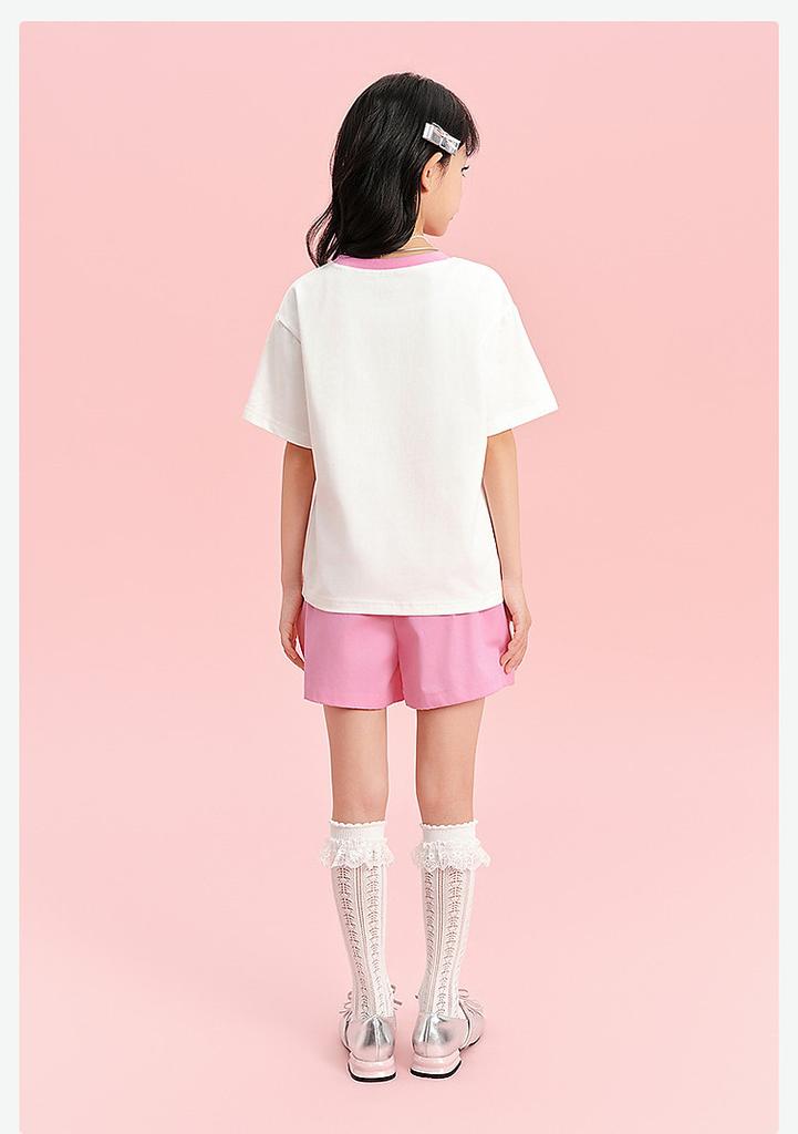 Girls' Round Neck Printed Short-Sleeved Top and Casual Shorts Set