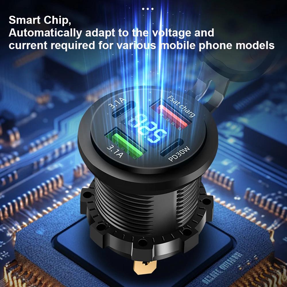 83W Max Phone Charger Socket PD30W Fast Charging 22.5W Dual USB+Type C Outlet 4 Ports Power Adapter Waterproof with Voltmeter