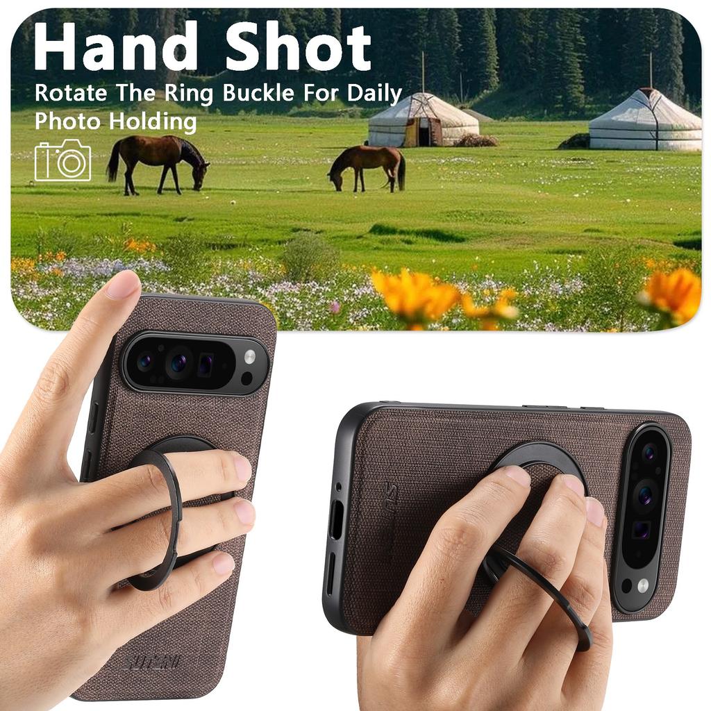 SUTENI G3 For Google Pixel 10 Pro XL Magnetic Case Rotating Ring Kickstand Jeans Texture PU TPU Phone Back Cover