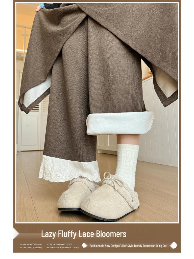Women's Patchwork Lace Trim High-Waisted Wide-Leg Pants: Versatile, Slimming, Plus Velvet for Autumn/Winter 2025.