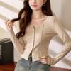 Shell Button High Waist Short T-shirt for Women with Sexy Long-sleeved Temperament Cotton Top