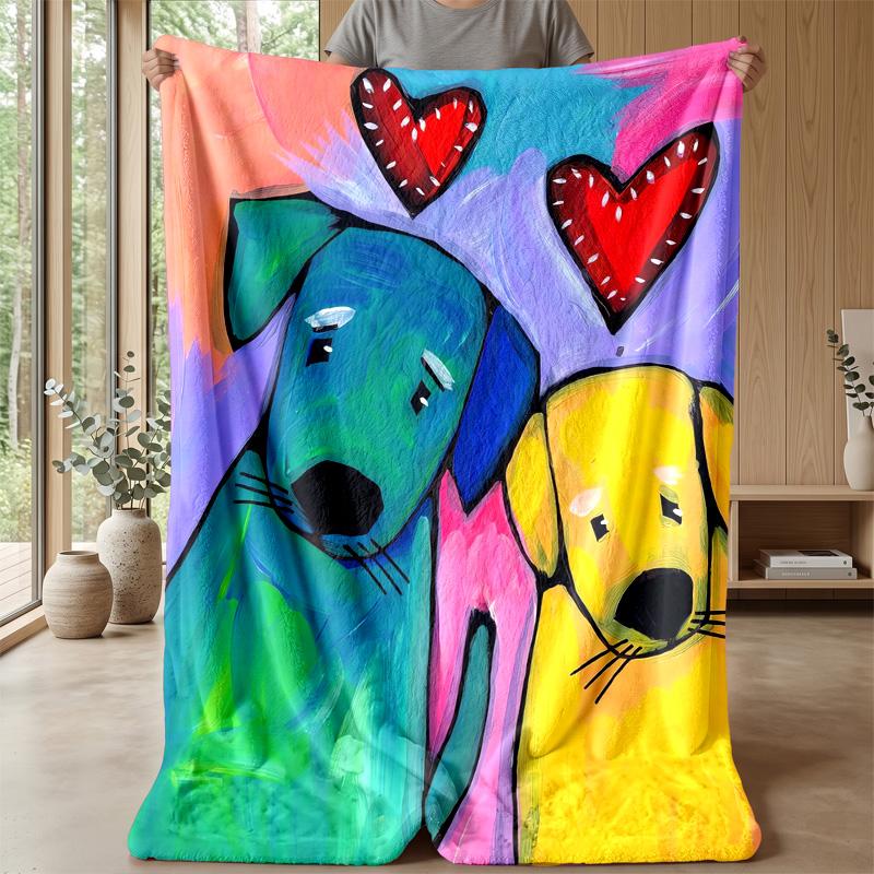 Colorful Dog Pattern with Flowers blanket Personalized Name Flannel Blanket Soft Cozy Plush Throw for Sofa Bed Lightweight Home Decor