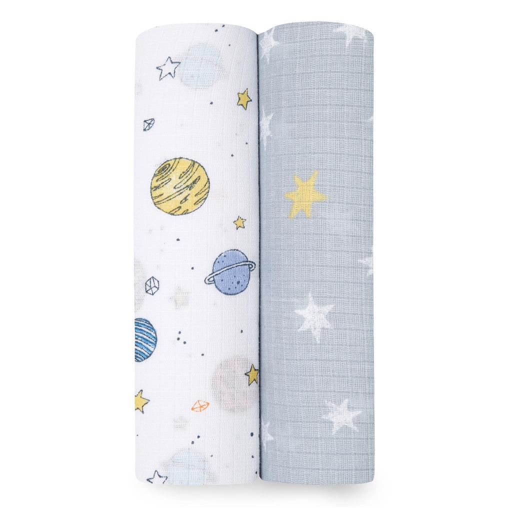 Aden Anais Space Cadet Swaddle 112 X Muslin Galaxy Highly Ideal for Soothing Crying Perfect for Baby Shower SWADAEESWC20015W + Blanket, 2-Pack, 112cm,