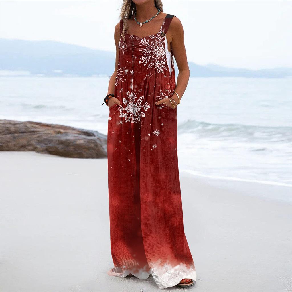 Women's Christmas Print Solid Wide Leg Strapless Tank Pocket Casual Onesie