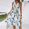 Women's Spring And Summer Casual V-Neck Sleeveless Waist Floral Print Midi Dress