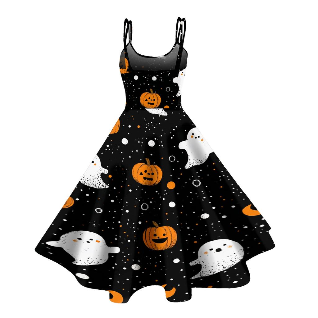 Women's Sleeveless Halloween Print Dress Vintage Style Round Neck Casual Fit and Flare Midi Dress with Spaghetti Straps and Festive Pattern