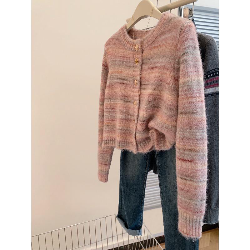 

Рожевий смугастий светр-жакет жіночий осінній, зимовий та зимовий лінивий мохеровий короткий в язаний кардиган топ One Size