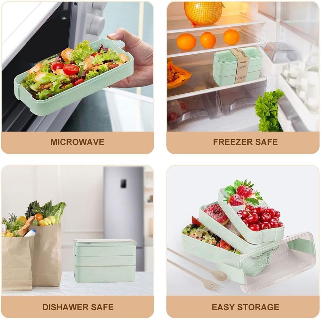 Bento Box for Adults, 3-In-1 Meal Prep Container, 900ML Lunch Box with Compartment, Wheat Straw, Leak-proof, Spoon & Fork
