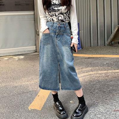 Bottoms Elegant Classic Woman Design Pockets Women Split A-line Vintage Package Hip Mid-length Versatile Comfortable Fashion Denim Bustier Skirt