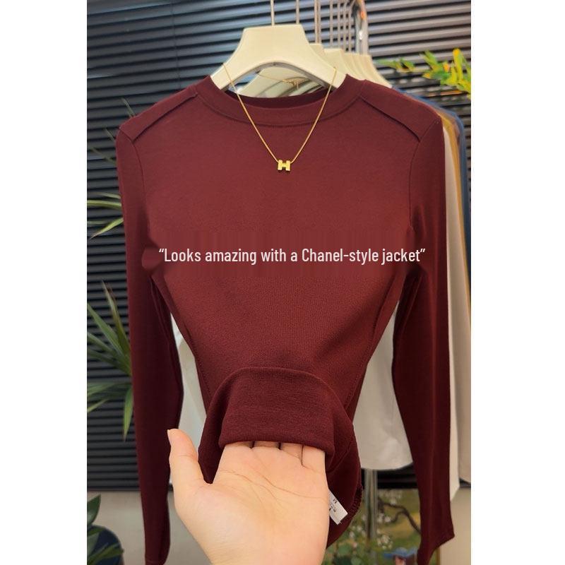 

European Fishbone Pattern Slimming Regular Fit Women s Round Neck Base Layer T-shirt - Age-Reducing, Stylish, Solid Color Spring Top XL [120-140 lbs]