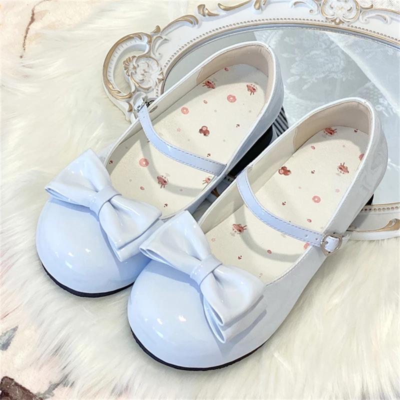 Fashion Sweet Cute Bow Low Heel 1cm Flats Round Head Shoes Lolitas for Girls Harajuku Jk Uniform Shoes