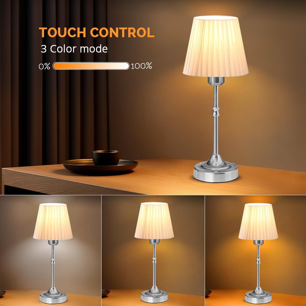 Cordless LED Metal Table Lamp, Portable Fabric Shade Desk Lamp, 3-Level Brightness, Touch Sensor Control, Rechargeable Bedside/Nursery/Dining Room