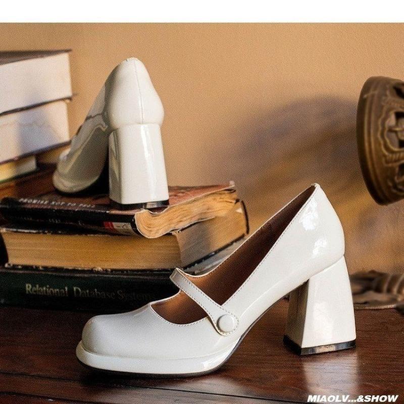 Retro Mary Jane Shoes for Women Square Head Thick Heel Black Versatile High Heels French Single Shoes Spring Summer Autumn